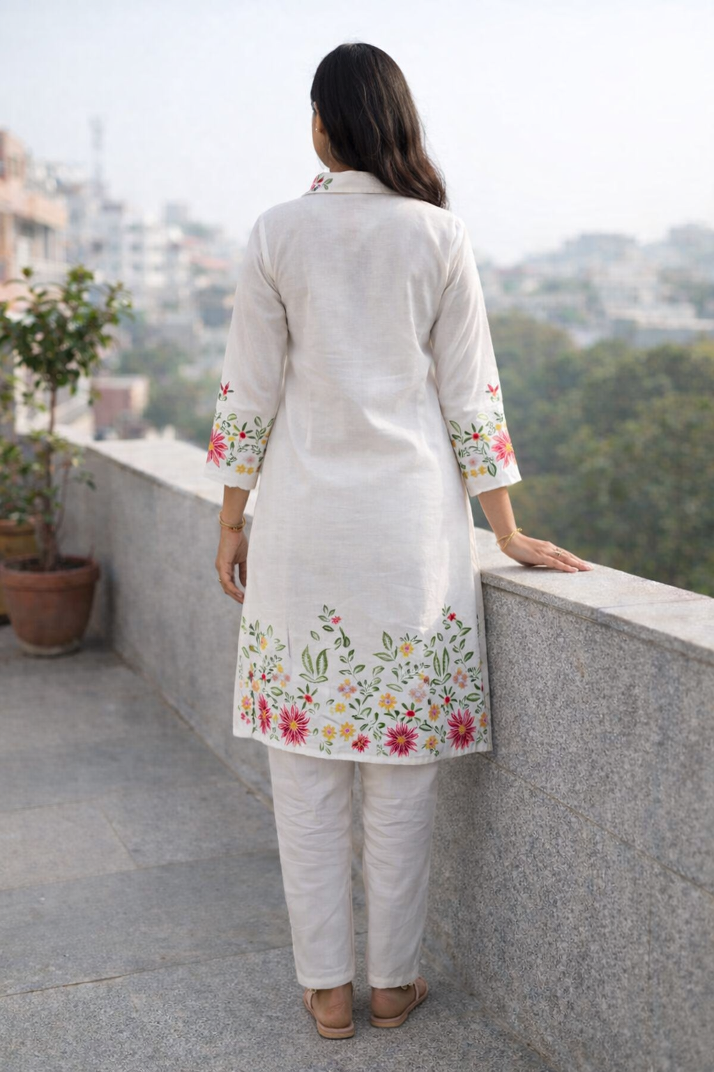 Ivory Bloom Hand-Embroidered Cotton Kurta Set - Image 2