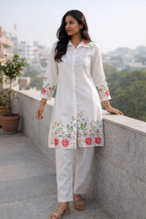 Ivory Bloom Hand-Embroidered Cotton Kurta Set