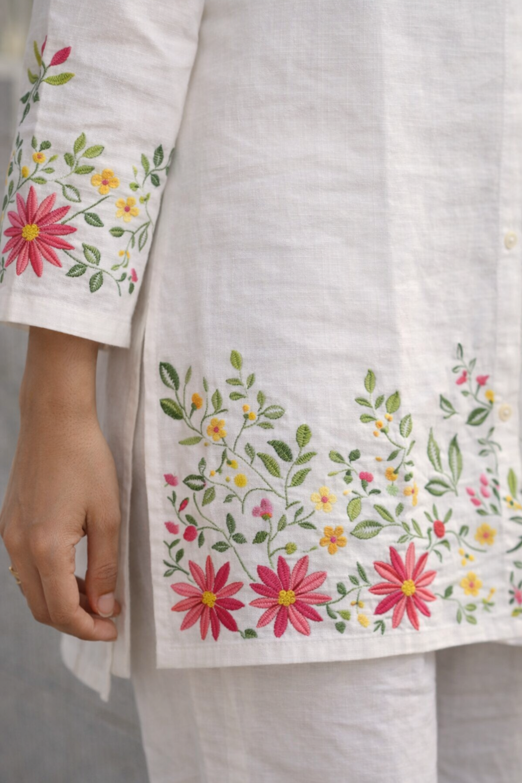 Ivory Bloom Hand-Embroidered Cotton Kurta Set - Image 3