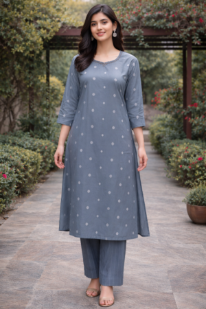 Elegant Slate Blue Kurta with Subtle Polka Motifs & Embellished Neckline
