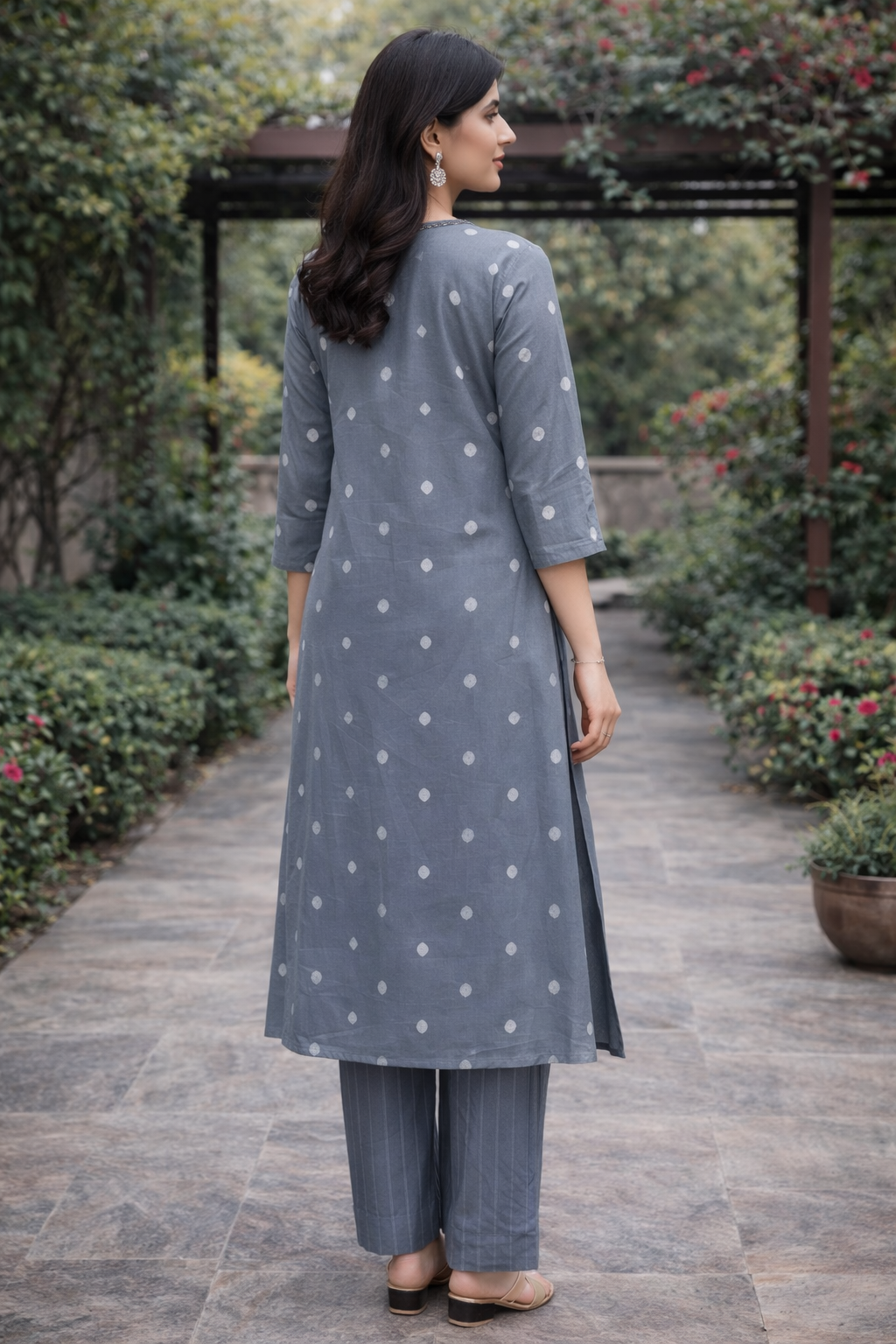 Elegant Slate Blue Kurta with Subtle Polka Motifs & Embellished Neckline - Image 3