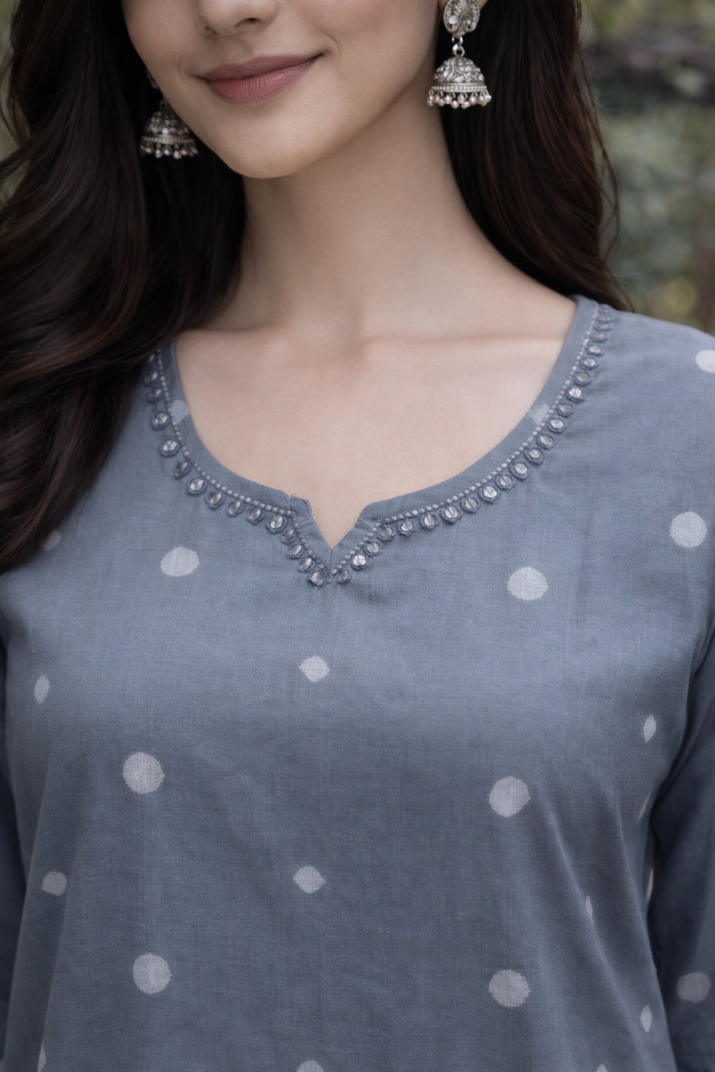 Elegant Slate Blue Kurta with Subtle Polka Motifs & Embellished Neckline