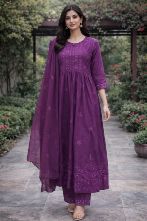 Graceful Plum Ethnic Kurta Set with Subtle Floral Detailing