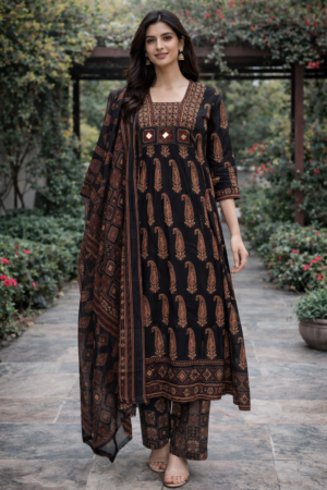 Classic Black Ethnic Kurta Set with Intricate Traditional Motifs