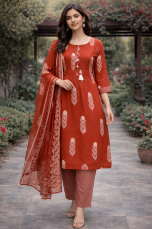 Refined Rust Kurta Set with Pintuck Neckline & Delicate Floral Motifs