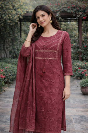 Elegant Wine Floral Kurta Set with Dupatta