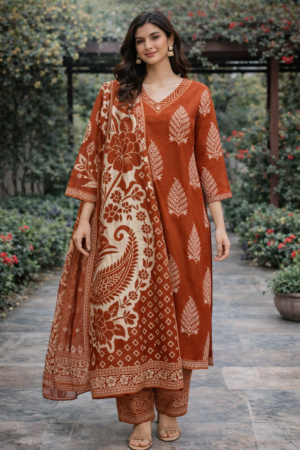 Rust Floral Block Print Kurta Set with Dupatta