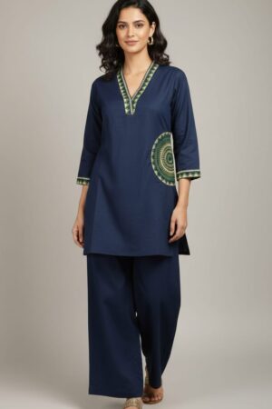 Navy Blue Kurta Set with Mandala Print Detailing