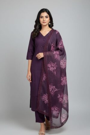 Elegant Plum Kurta Set with Floral Dupatta