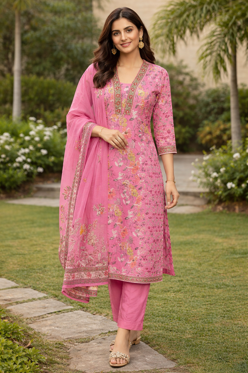 Graceful Floral Pink Kurta Set with Embroidered Detailing