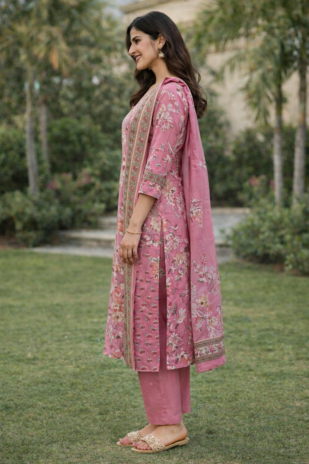 Graceful Floral Pink Kurta Set with Embroidered Detailing - Image 4