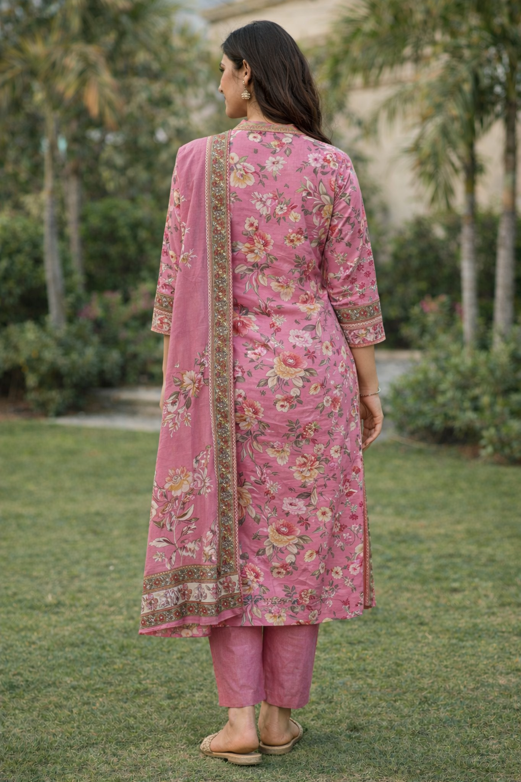 Graceful Floral Pink Kurta Set with Embroidered Detailing - Image 3
