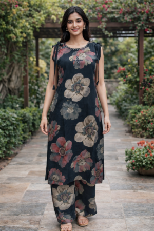 Sophisticated Floral Printed Kurta Set in Deep Charcoal